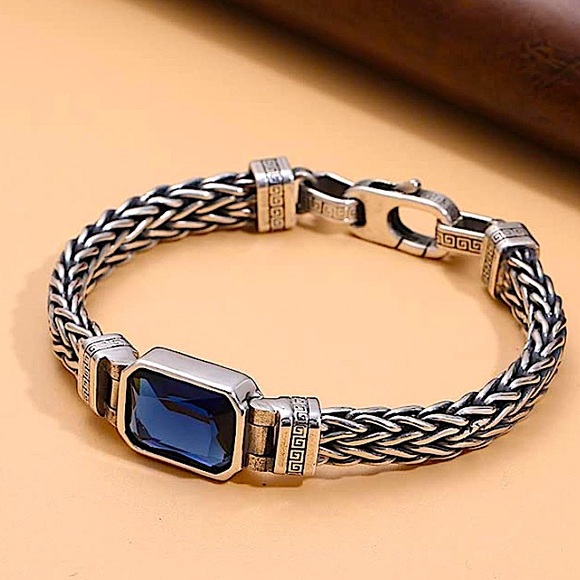 Sterling Silver Blue Zircon Braided Bracelet, Unisex, Handmade - Picture 9 of 15
